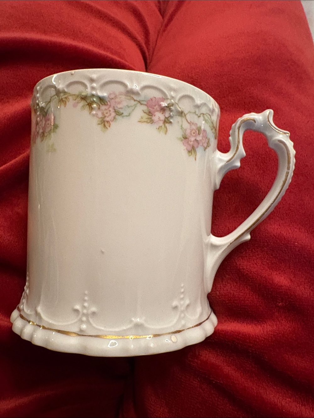 Antique Moritz Zdekaur White Porcelain Mug with Pink Floral Trim and Gold Accent